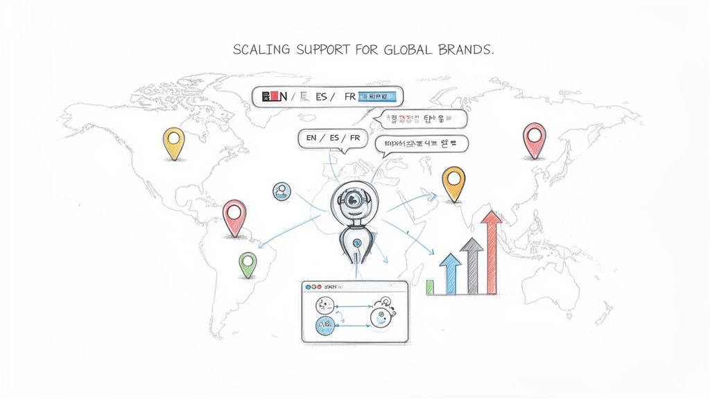 Illustration of a robot providing multi-language support across a global map for brand scaling.