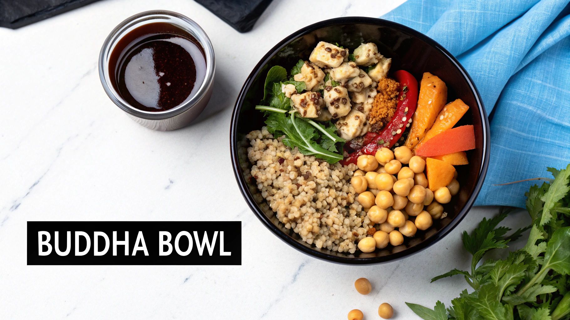 A colorful Buddha bowl with quinoa, chickpeas, tofu, vegetables, greens, and dressing on a marble table.