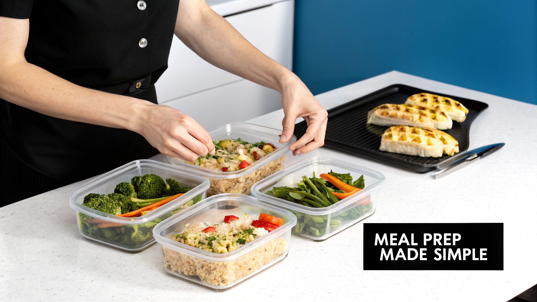A person's hands preparing multiple healthy meal prep containers with rice, vegetables, and chicken.