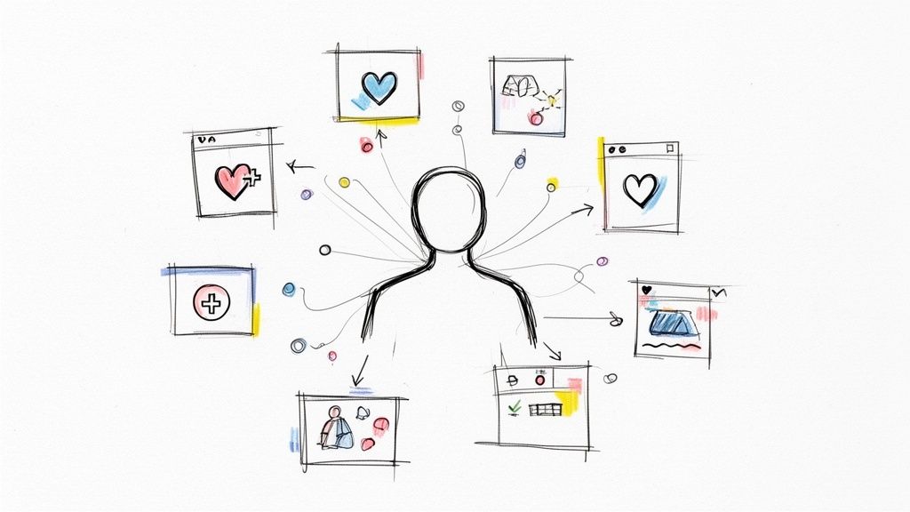 Illustration of a person connected to various digital interfaces and data points, representing user engagement.