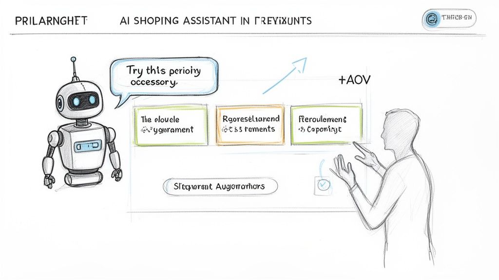 An AI shopping assistant robot suggests accessories to a human user to increase average order value.