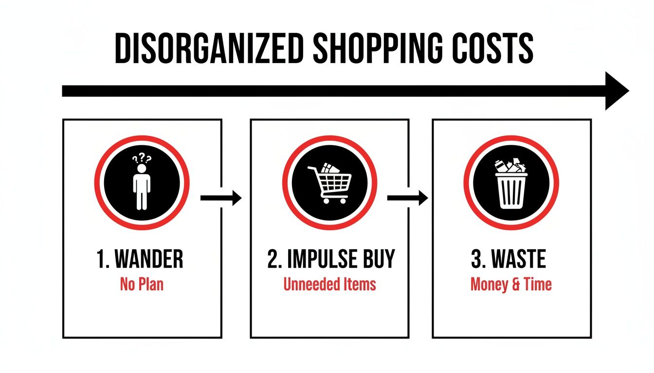 Infographic showing the costs of disorganized shopping: wandering, impulse buying, and ultimately waste.