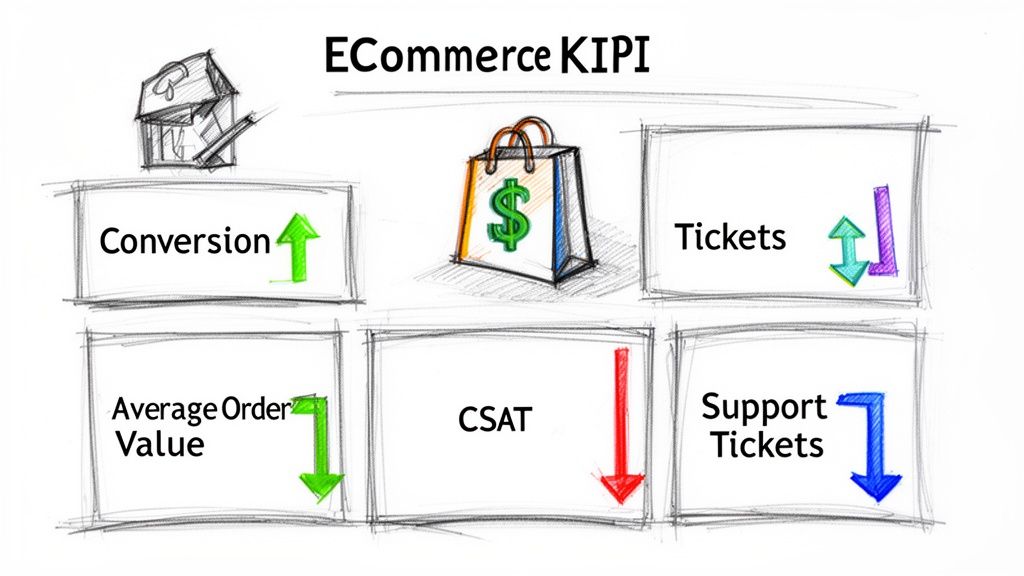 Sketch of eCommerce Key Performance Indicators (KPIs) showing trends for conversion, AOV, CSAT, and support tickets.