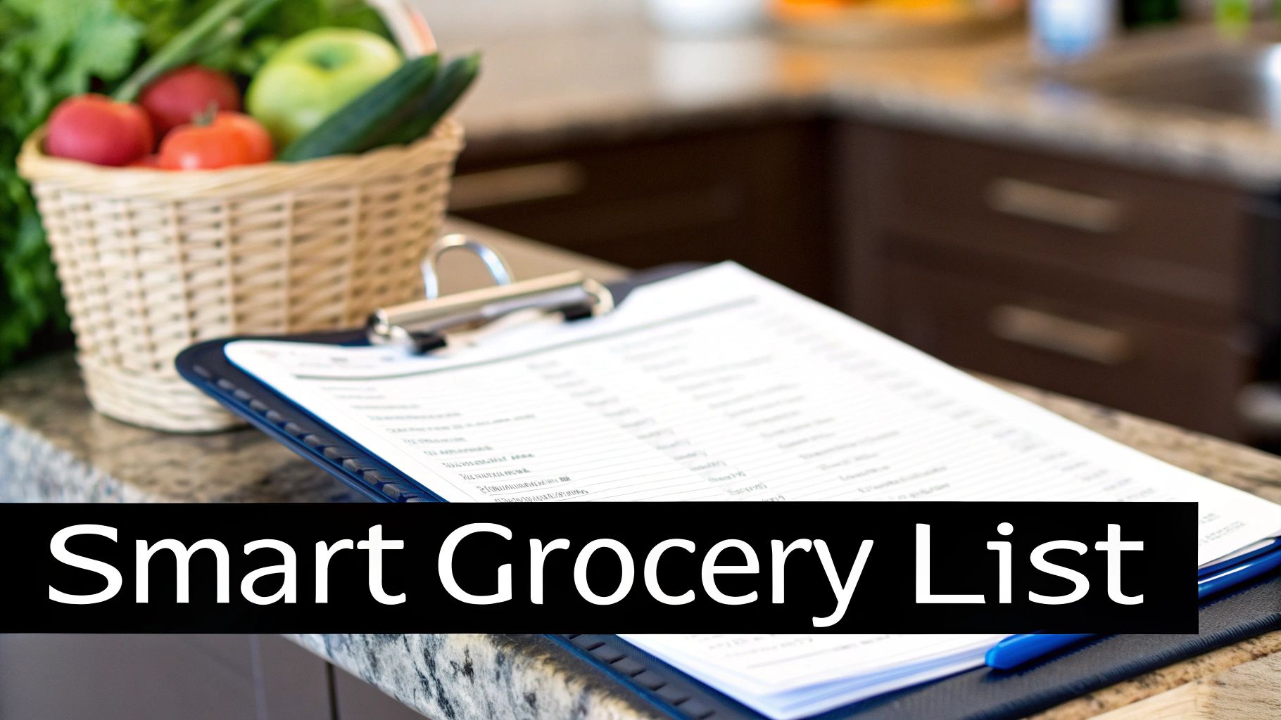 Close-up of a smart grocery list on a clipboard, with a basket of fresh vegetables and fruits.