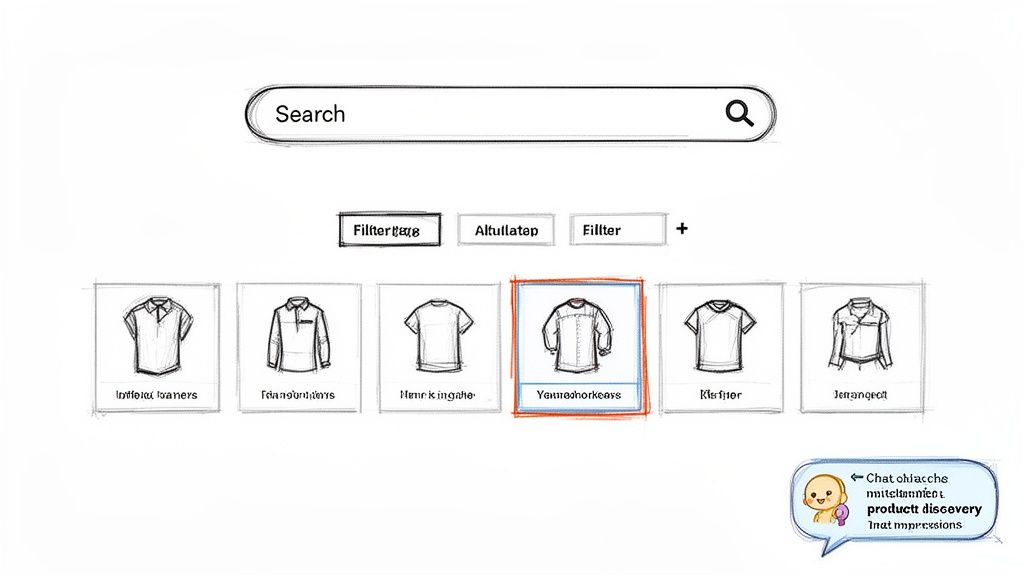 A hand-drawn sketch of an e-commerce product discovery interface with a search bar, filters, and clothing item categories.