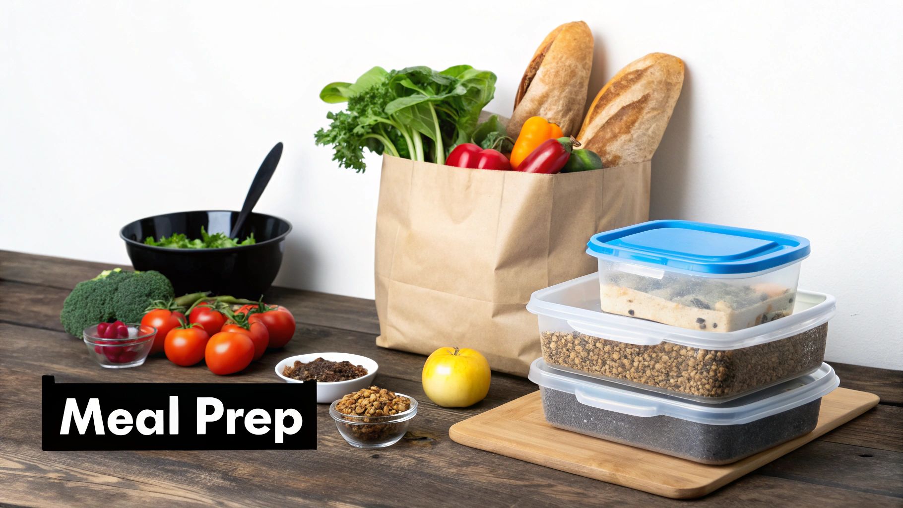 A vibrant collection of fresh vegetables, fruits, and prepped meals in containers on a wooden table.