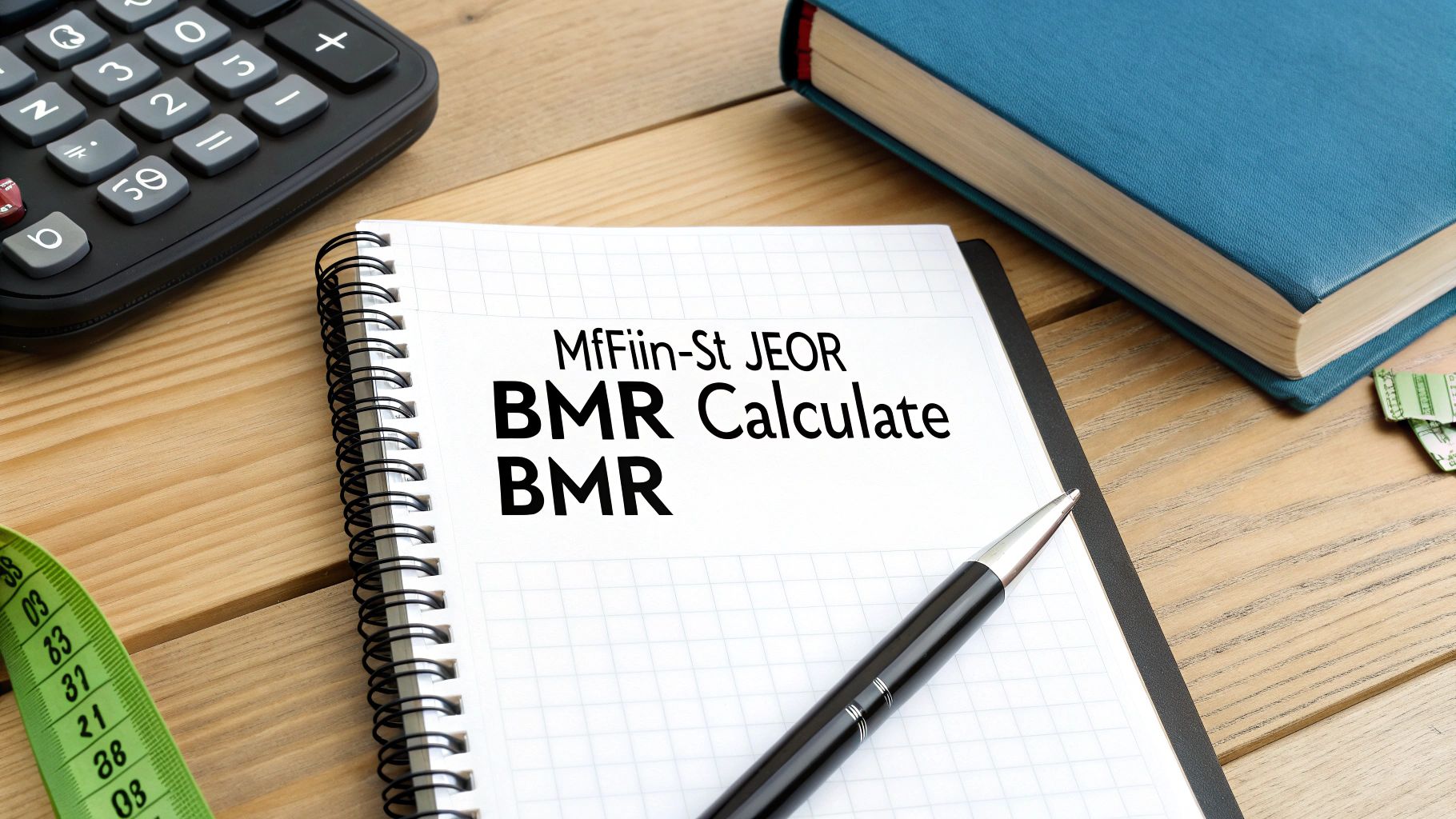 Notebook showing 'BMR Calculate' alongside a calculator, measuring tape, and book on a wooden table.