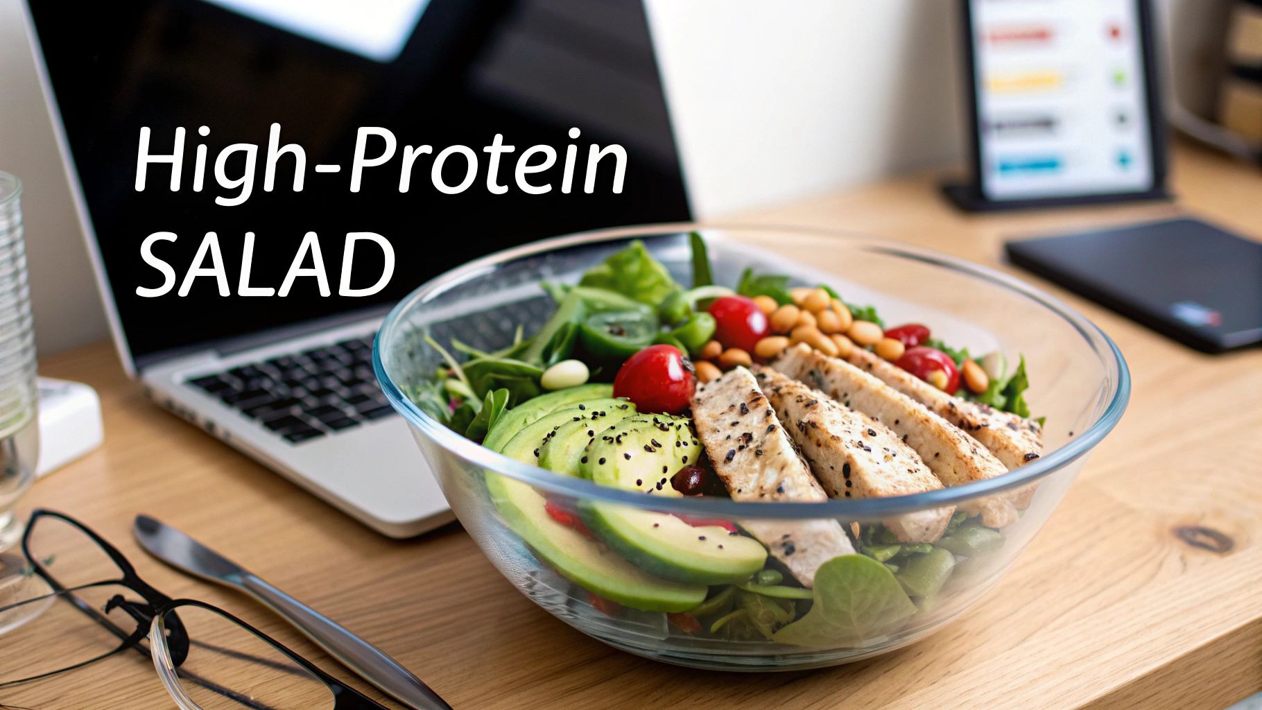 A healthy high-protein salad with chicken, avocado, and vegetables on a desk next to a laptop.