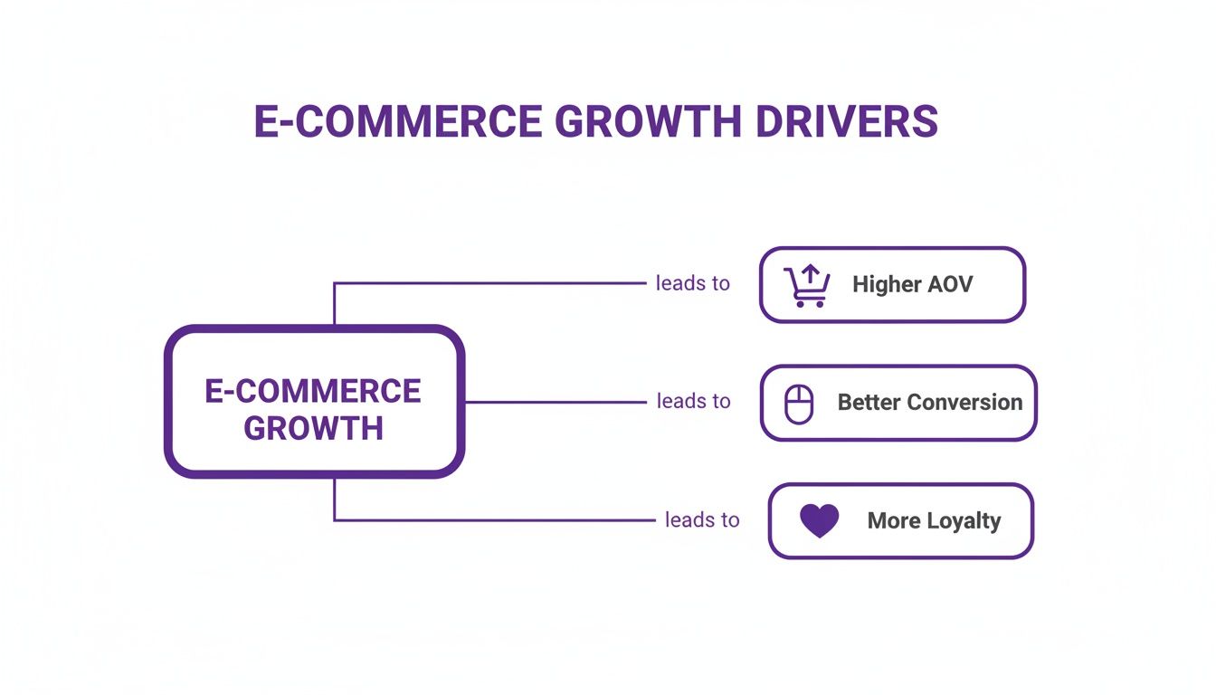 Flowchart illustrating e-commerce growth leading to higher AOV, better conversion, and more customer loyalty.