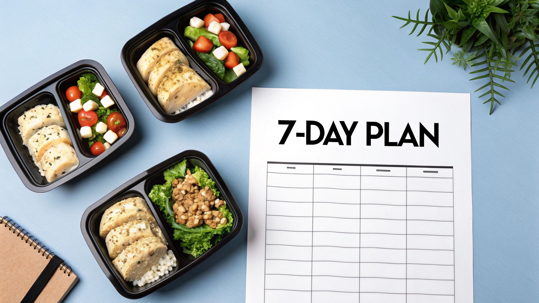 Overhead shot of three healthy meal prep containers next to a '7-DAY PLAN' sheet and a notebook.