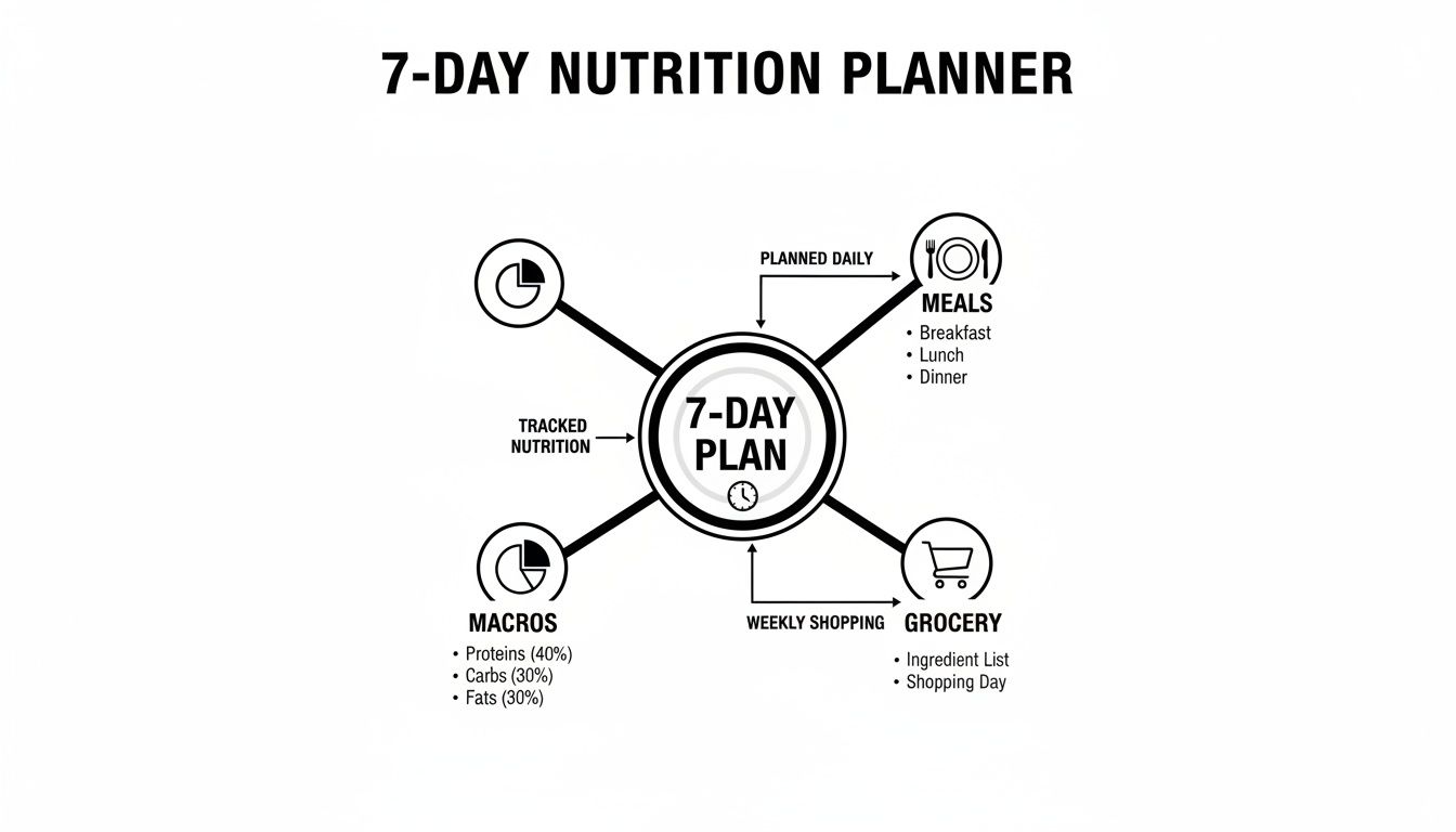 A 7-day nutrition planner diagram detailing meals, macro percentages, and grocery shopping for a healthy diet.