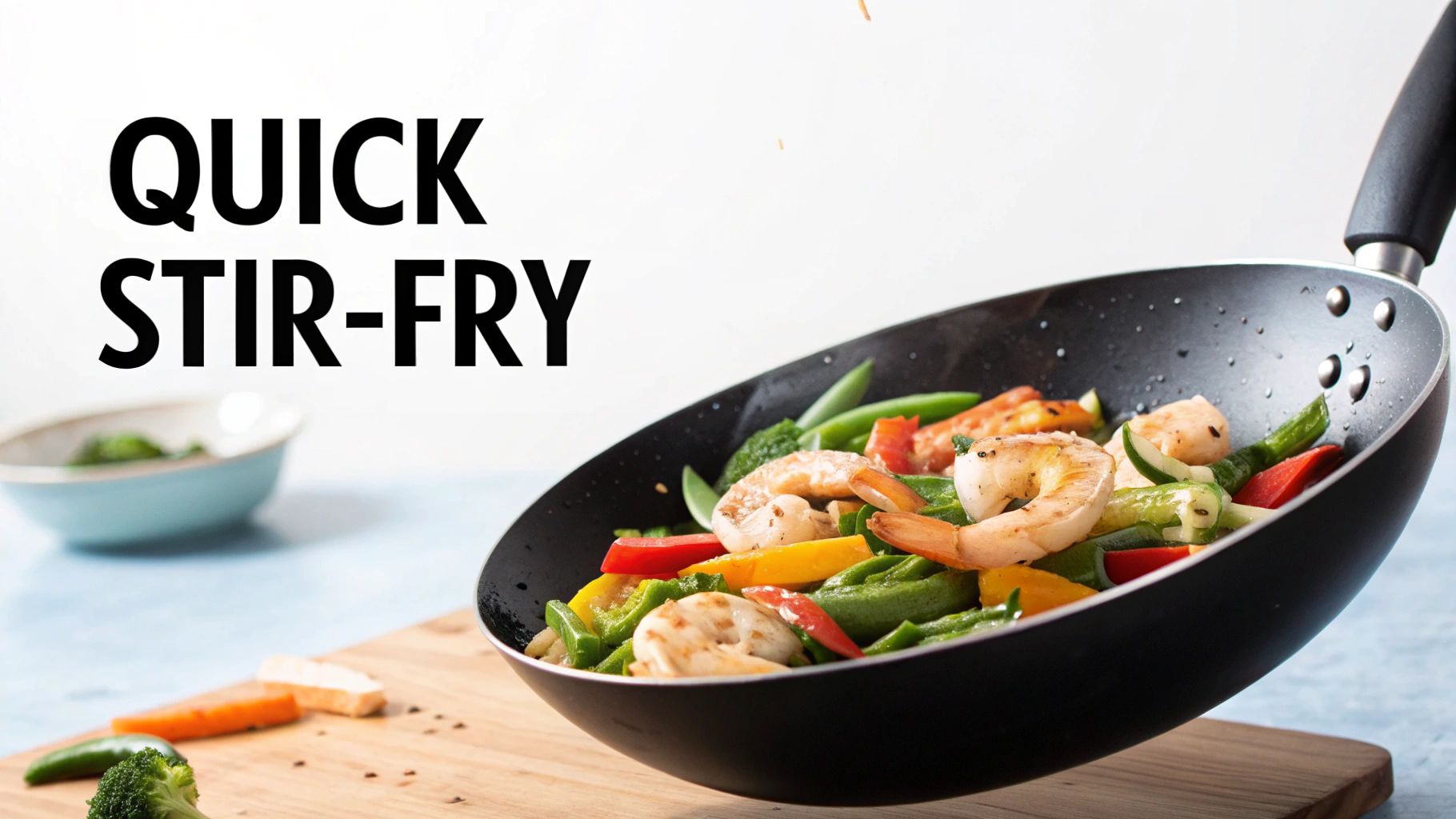 A quick shrimp and vegetable stir-fry with peppers and peas in a black pan.