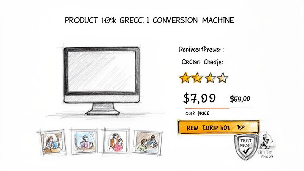 Hand-drawn sketch of an e-commerce product page featuring a computer monitor, pricing, reviews, and a buy button.