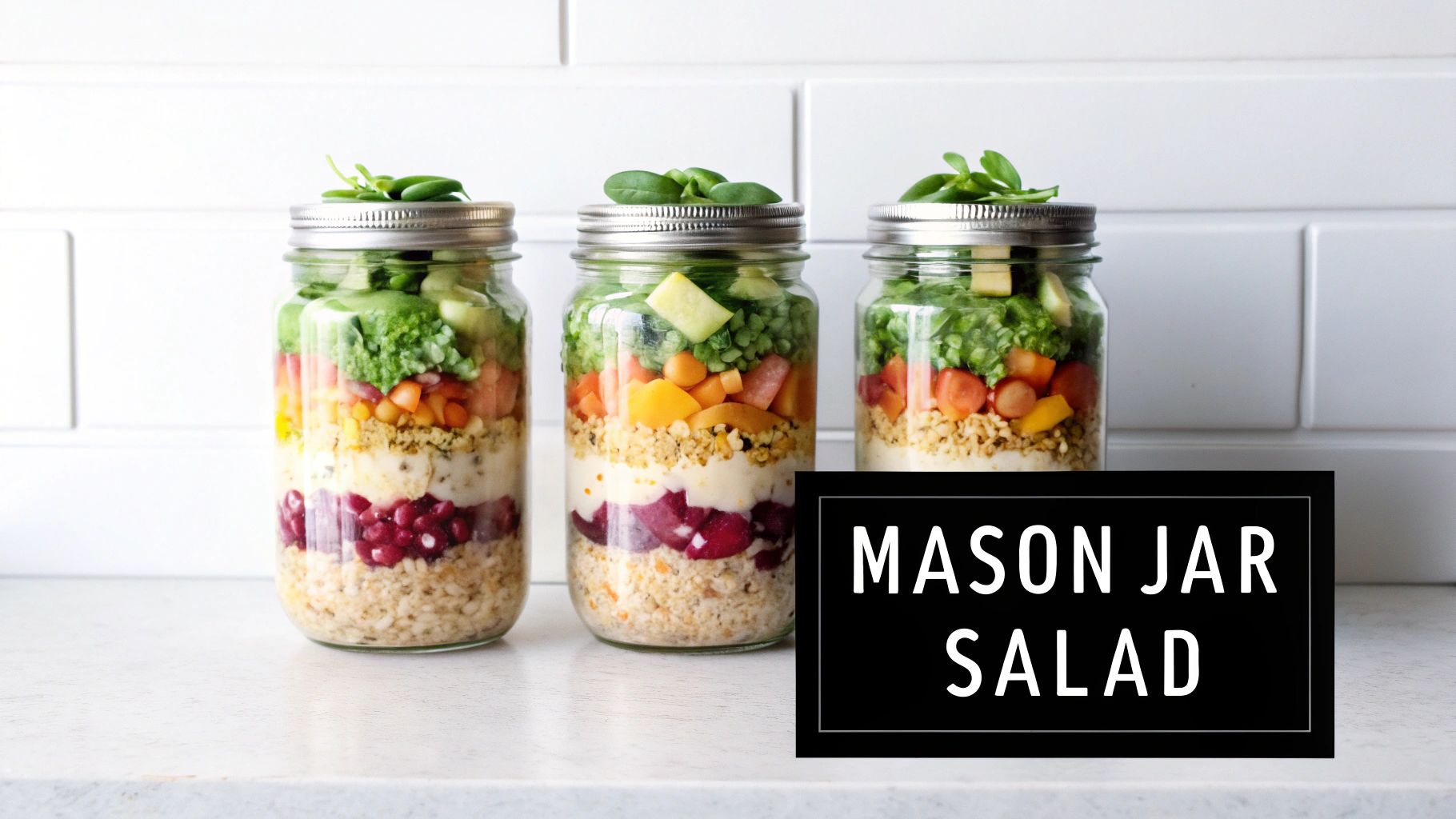 Three vibrant mason jar salads with layers of grains, vegetables, and dressing, against a white tiled background.