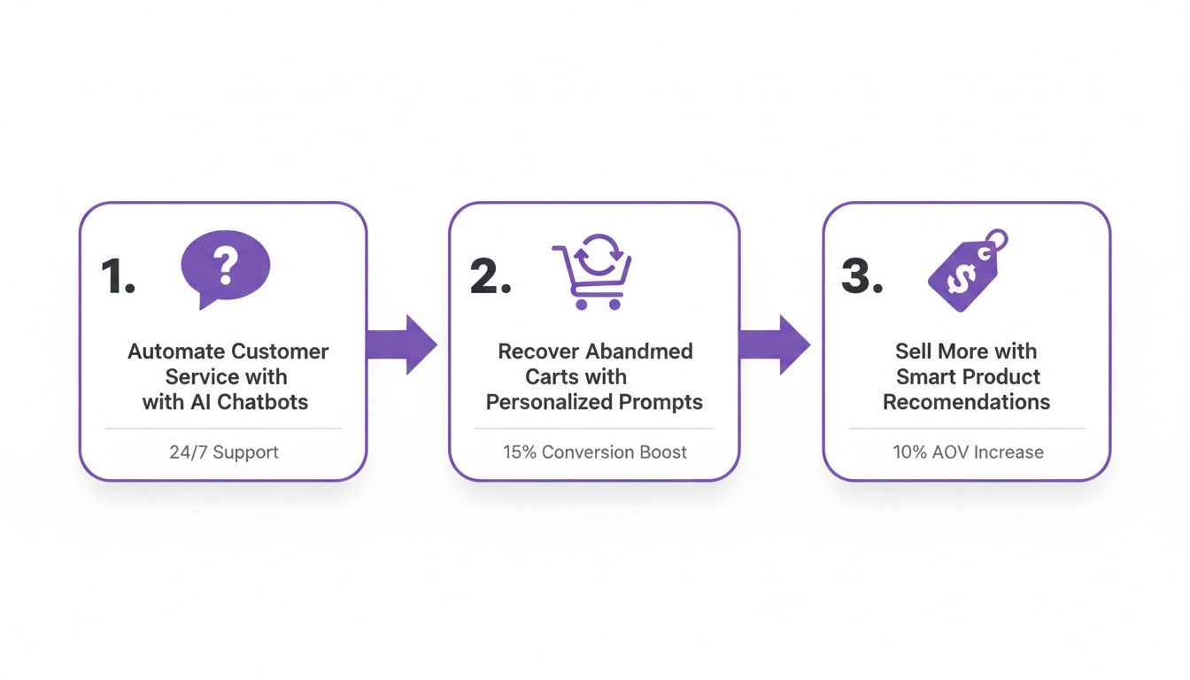Infographic illustrating three steps for e-commerce growth: AI chatbots, abandoned cart recovery, and product recommendations.