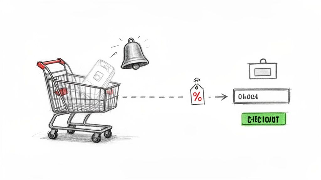 A sketch illustrating the online shopping process: shopping cart with a phone, notification bell, discount tag, and checkout.