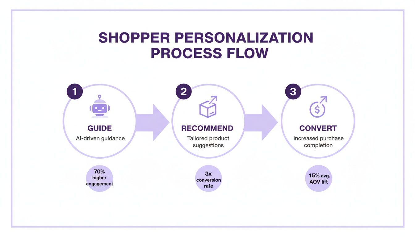 Shopper personalization process flow illustrating guide, recommend, and convert stages with results.