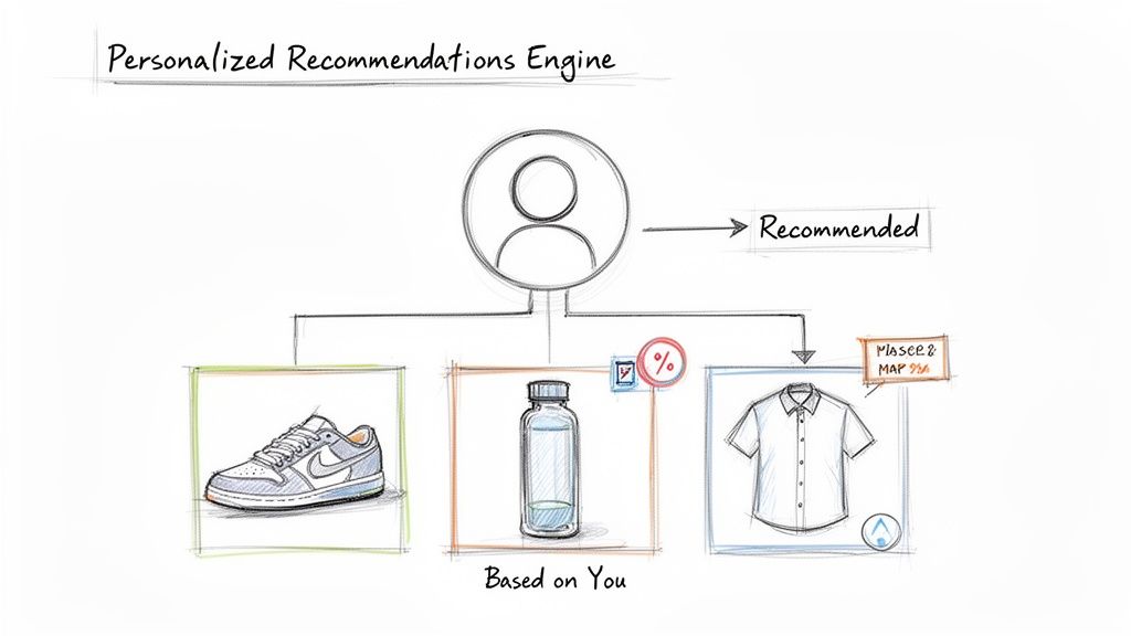 Diagram illustrating a personalized recommendations engine suggesting products like shoes, water, and a shirt based on user data.