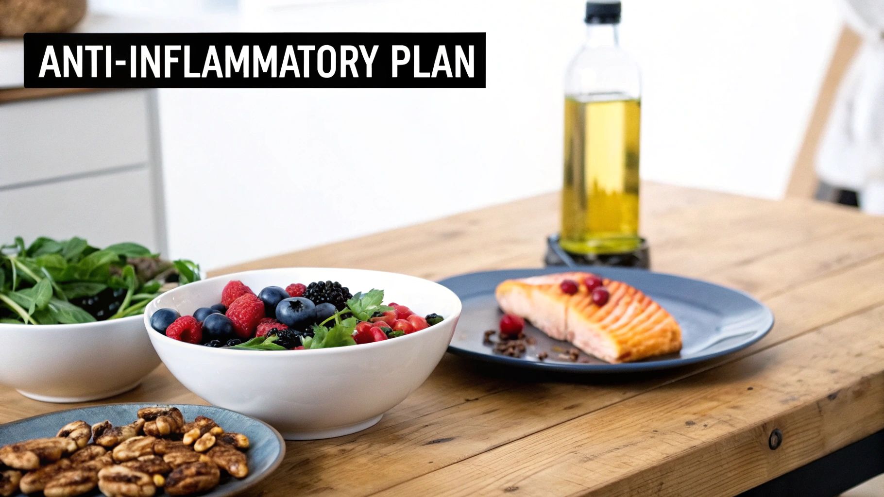 A balanced anti-inflammatory meal featuring salmon, mixed berries, nuts, and leafy greens on a wooden table.