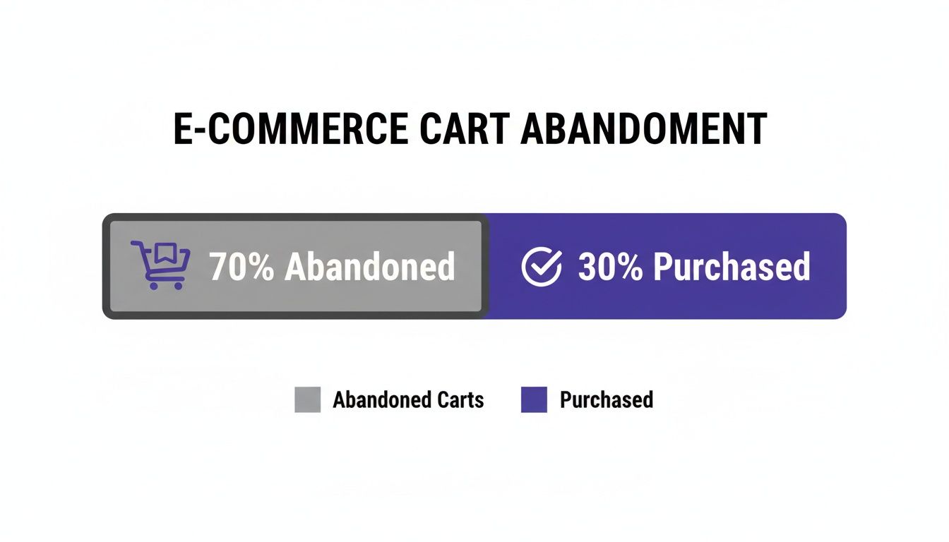 A bar chart illustrating e-commerce cart abandonment, with 70% of carts abandoned and 30% successfully purchased.