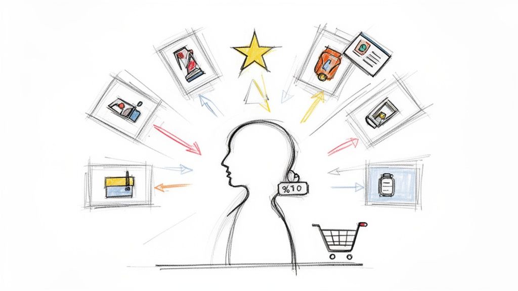 Illustration of a person processing information, offers, and products, with a shopping cart, symbolizing customer interaction.