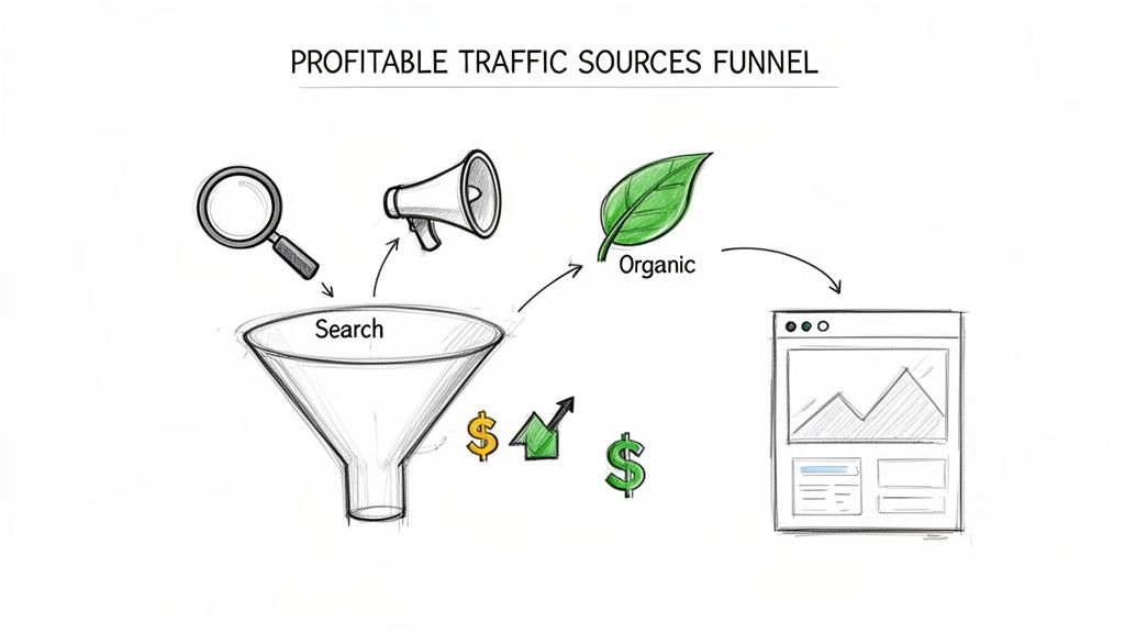 Profitable traffic sources funnel diagram illustrating search, organic traffic leading to website and financial growth.