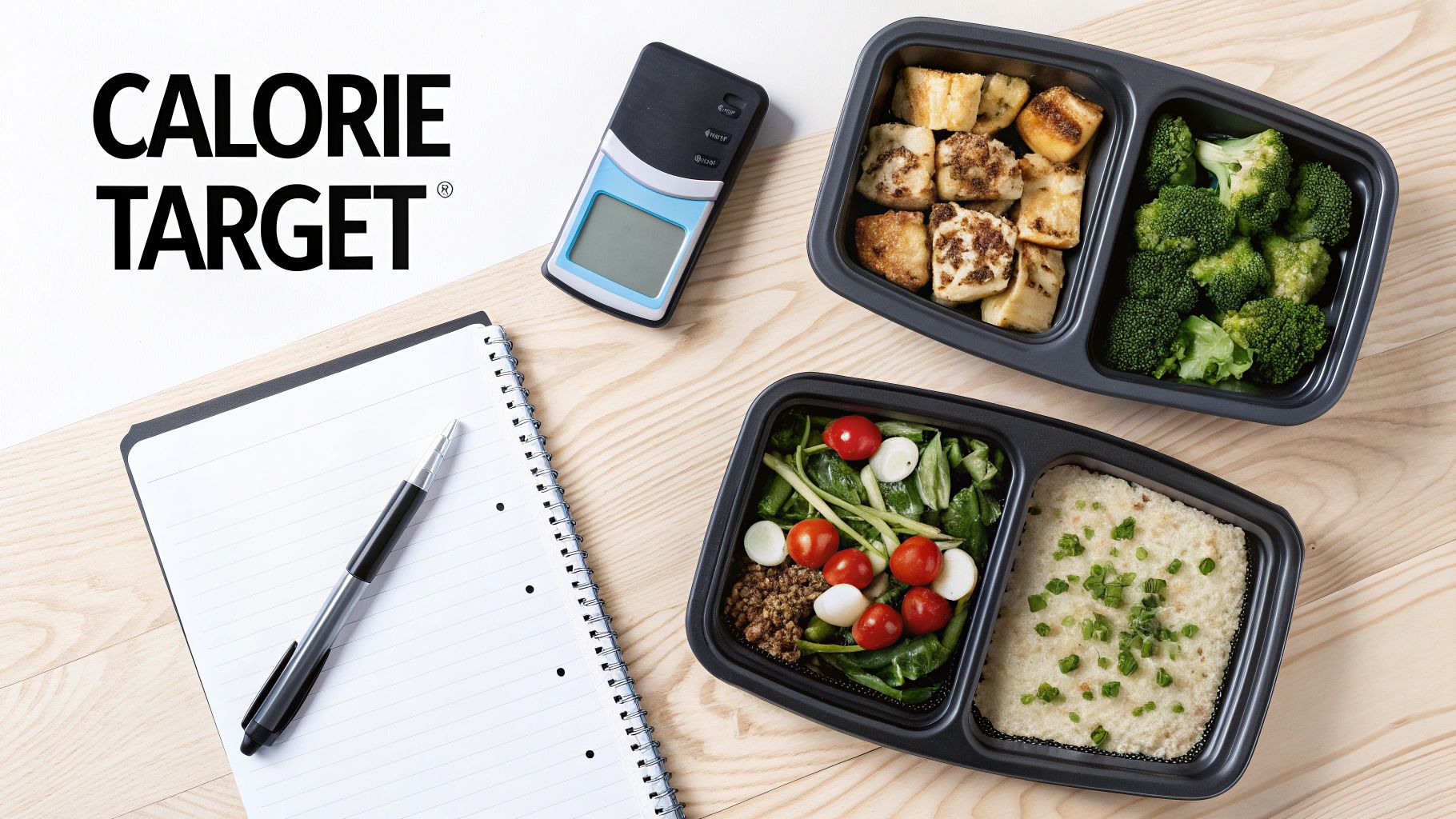 Flat lay of CALORIE TARGET text, meal prep containers with healthy food, a calorie counter, and a notebook with a pen.