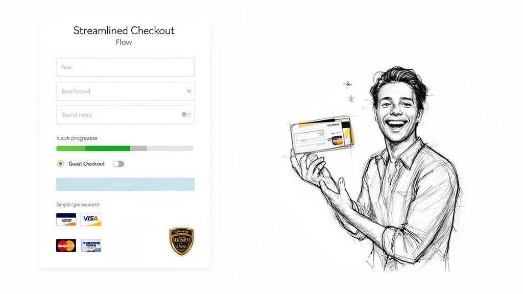 A streamlined e-commerce checkout form with input fields, progress bar, guest checkout option, and various payment methods, alongside a happy man holding a credit card.