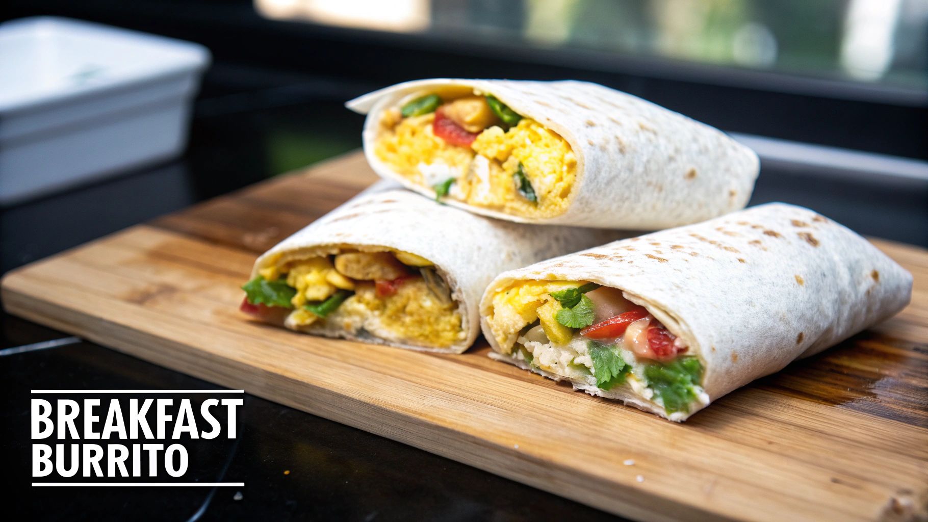 Three delicious breakfast burritos filled with eggs and vegetables, served on a wooden board.