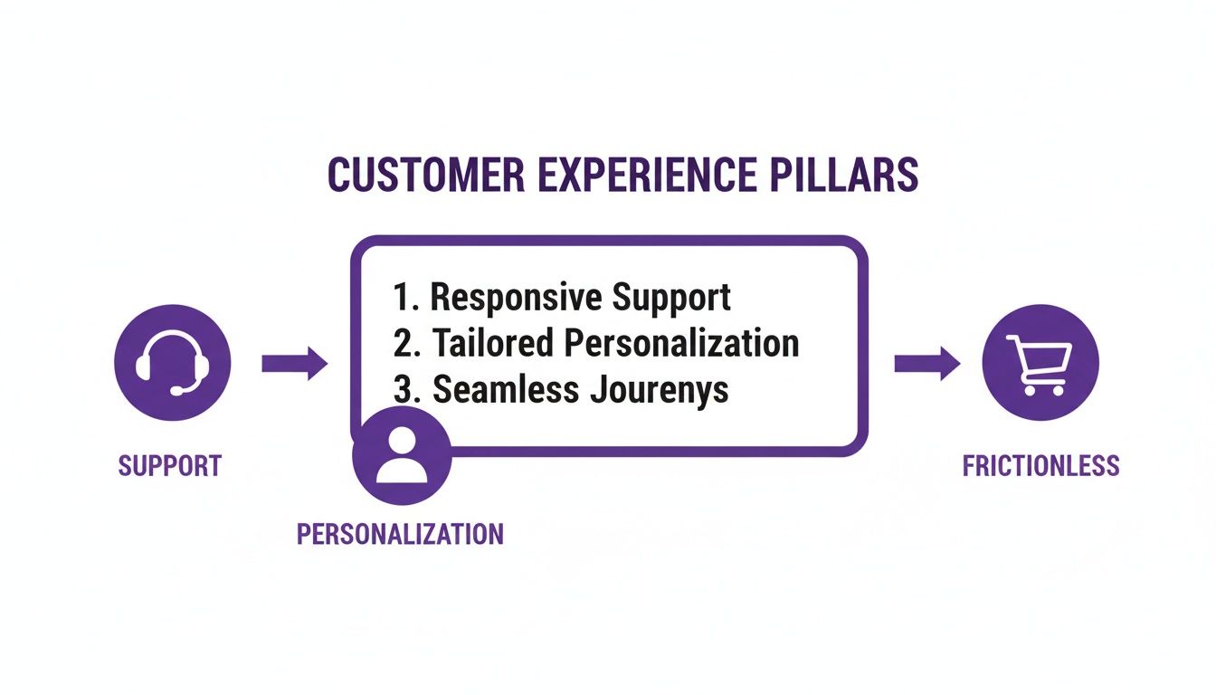 Infographic showing customer experience pillars: responsive support, tailored personalization, seamless journeys leading to a frictionless experience.