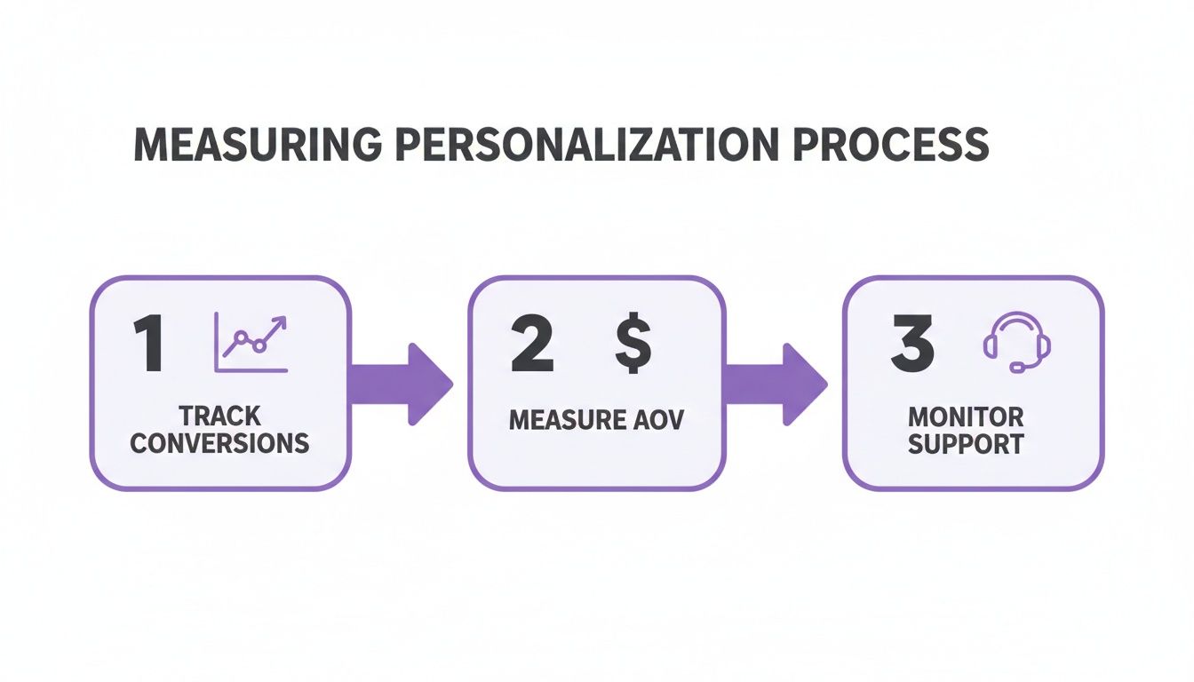 A three-step process diagram for measuring personalization: Track Conversions, Measure AOV, and Monitor Support.
