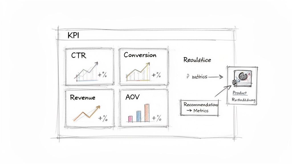 Hand-drawn e-commerce dashboard showing KPI metrics like CTR, conversion, revenue, AOV, and a product recommendation engine.