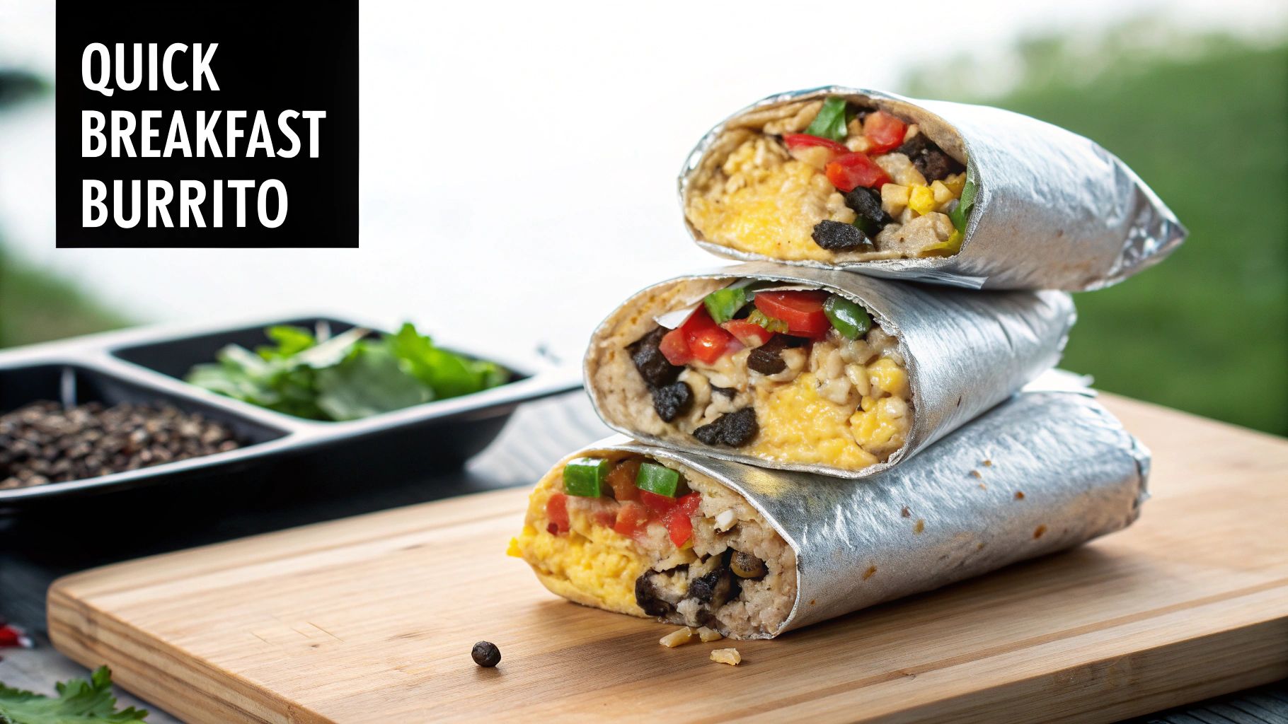 Three quick breakfast burritos, wrapped in foil, stacked on a wooden board with ingredients in the background.