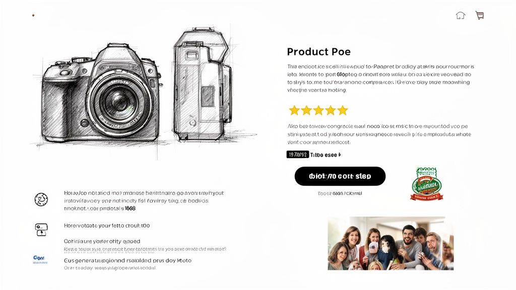 E-commerce product page featuring a detailed sketch of a camera, customer reviews, and product information.