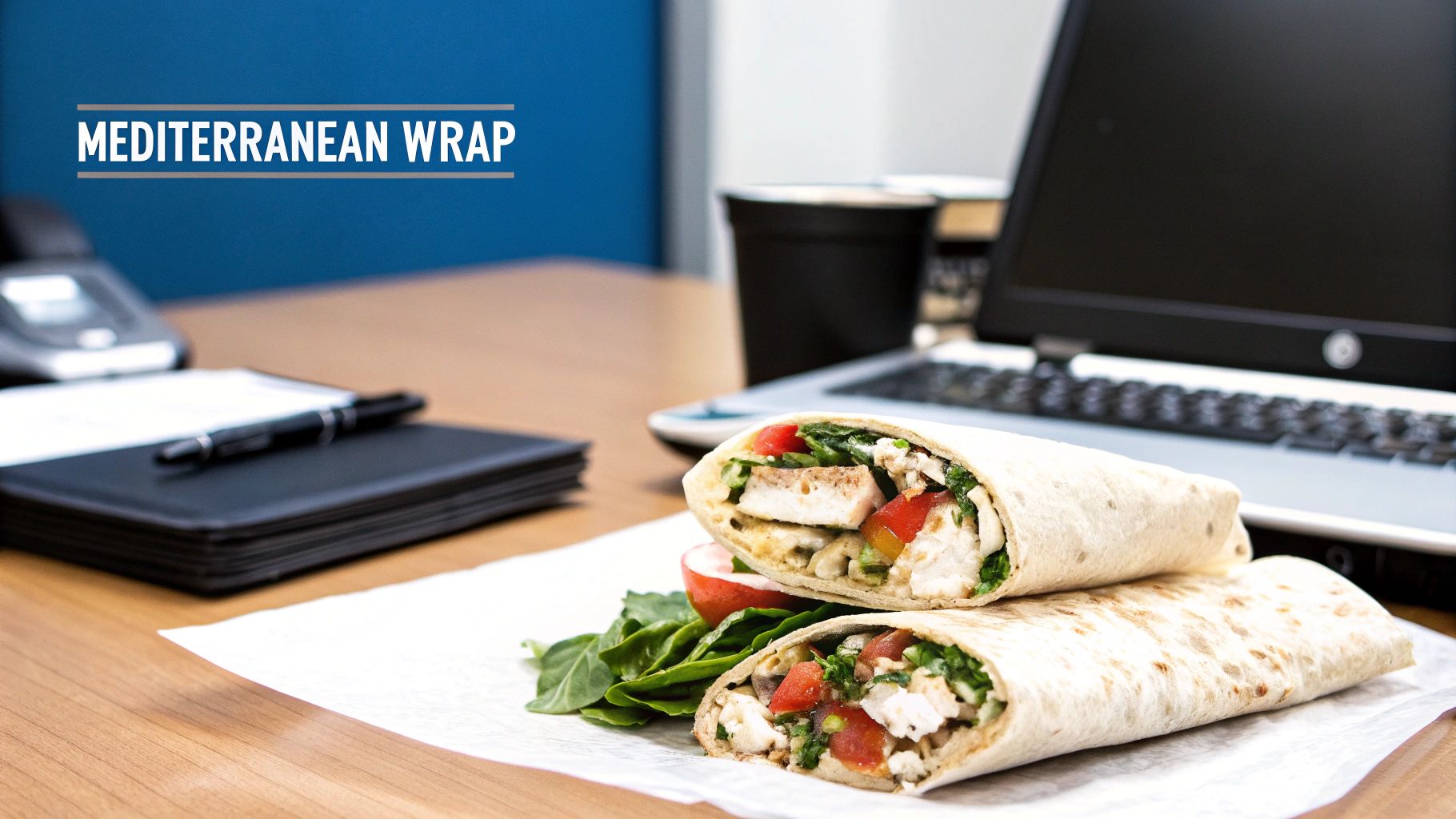 Two Mediterranean wraps with chicken, vegetables, and greens on an office desk with a laptop.