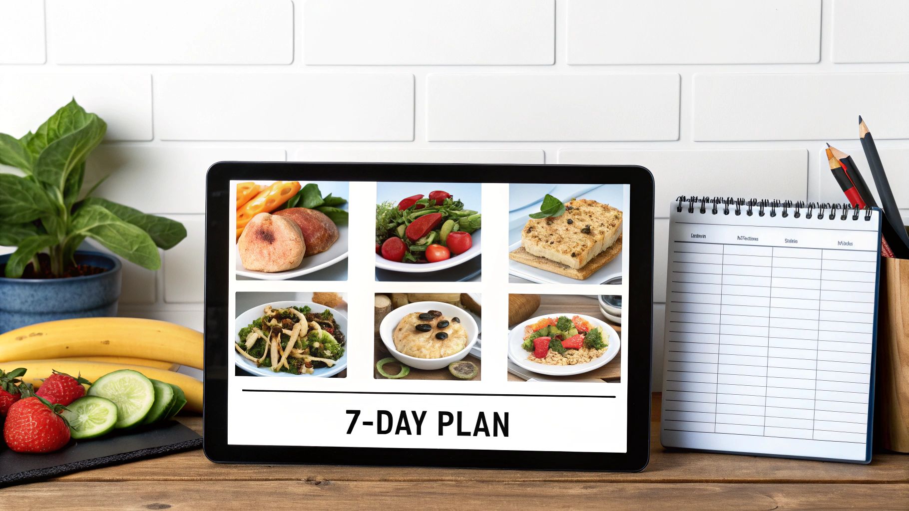 A tablet displaying a 7-day meal plan with healthy food, fresh fruits, and a notebook.