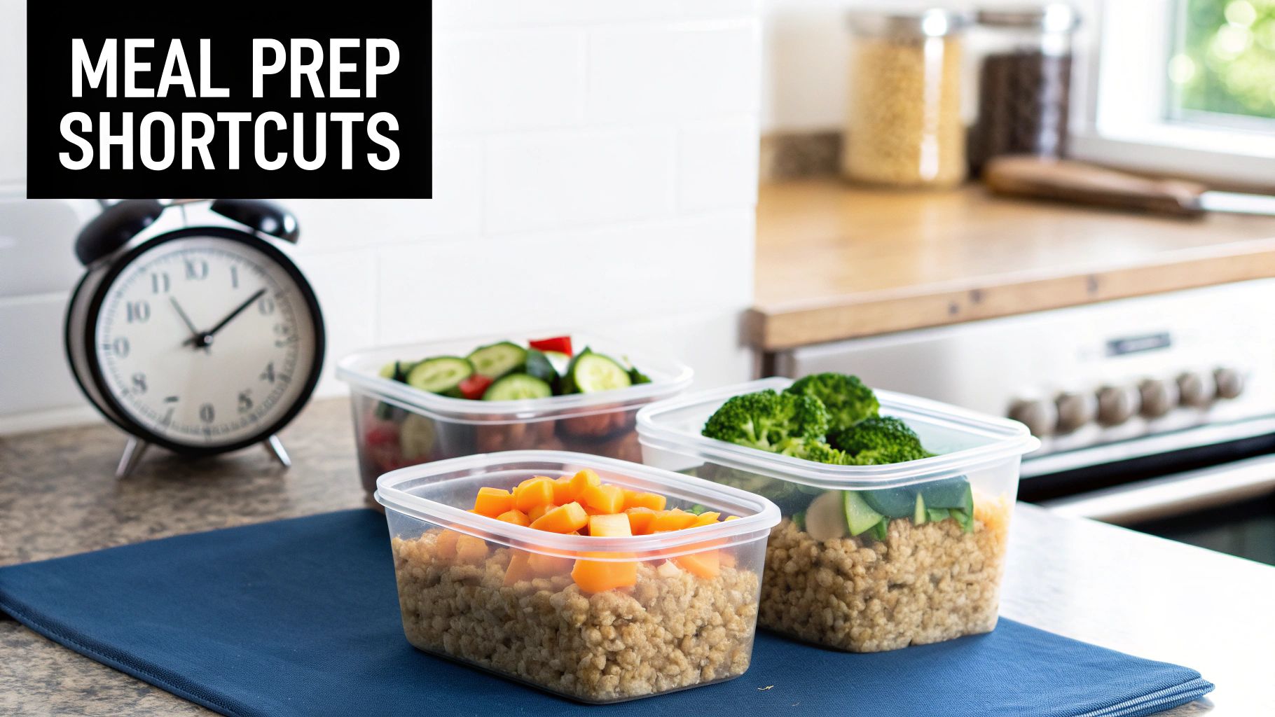 Three clear meal prep containers filled with healthy grains and chopped vegetables on a kitchen counter.