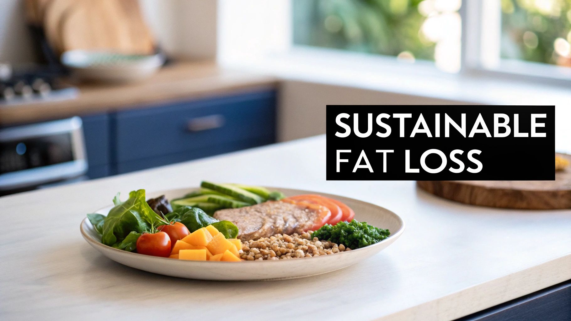 A balanced, healthy meal on a kitchen counter with the text "SUSTAINABLE FAT LOSS".