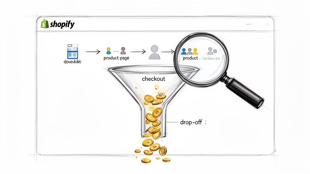 A Shopify e-commerce conversion funnel illustrating customer journey from product discovery to checkout, showing monetary drop-off.