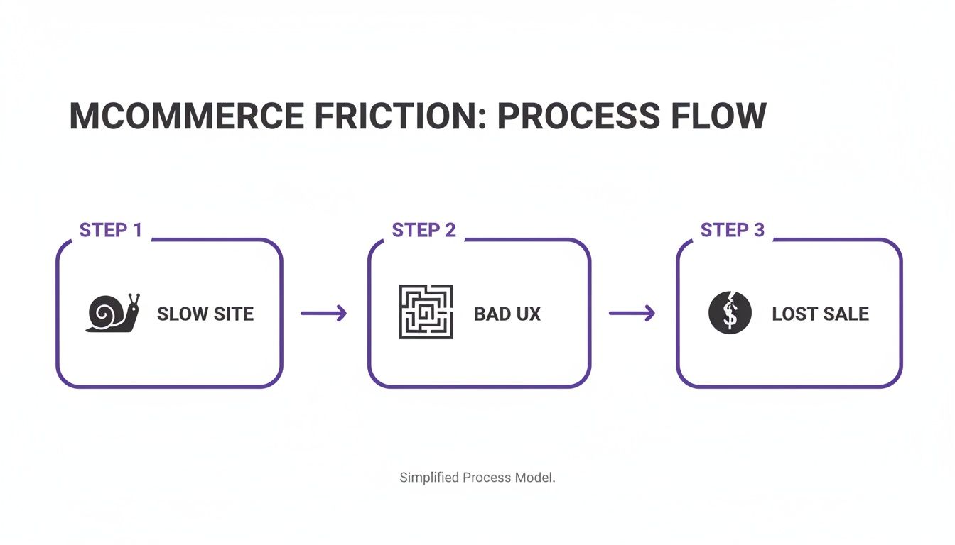 A process flow diagram showing mcommerce friction: slow site to bad UX, leading to lost sales.