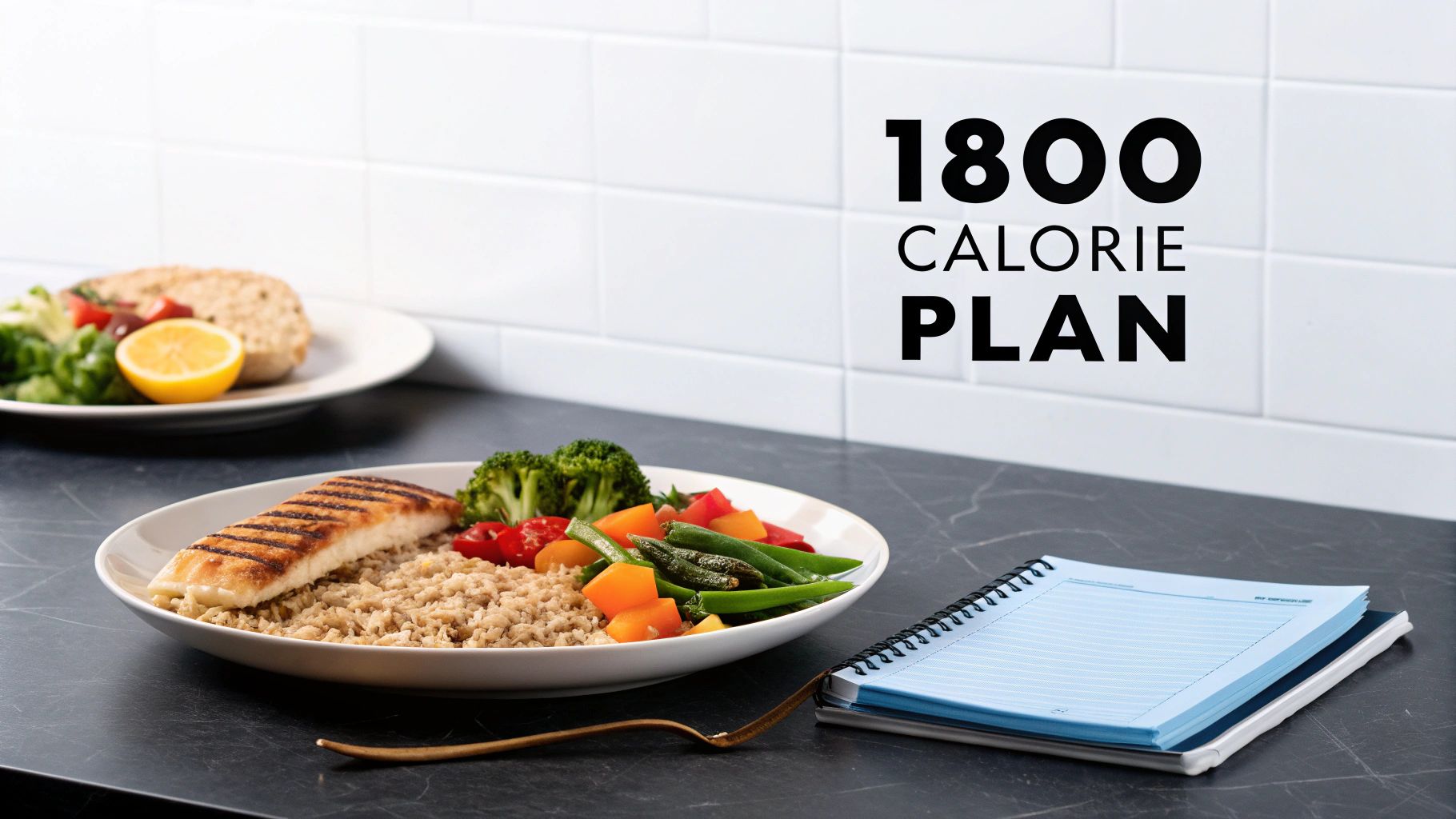 A plate of grilled fish, rice, and colorful vegetables on a dark counter, with '1800 CALORIE PLAN' text overlay.