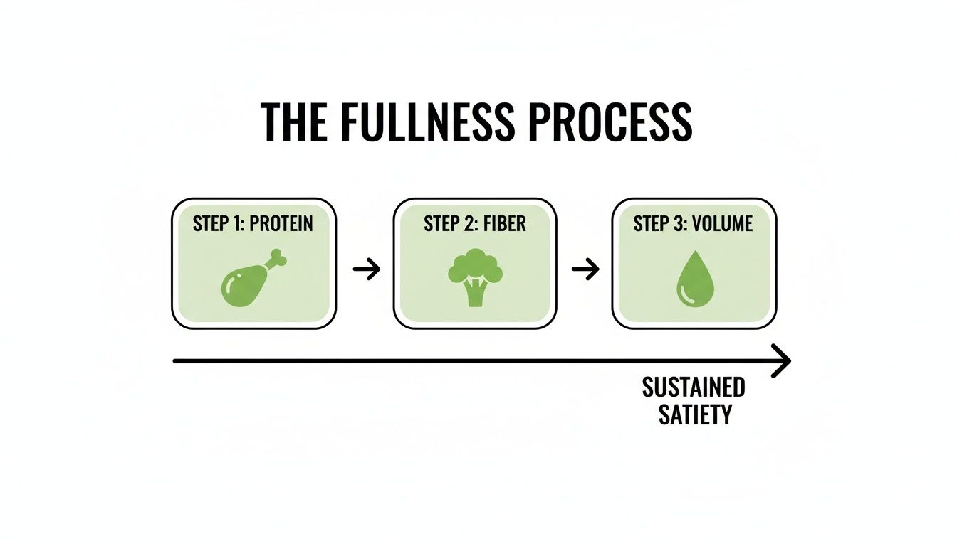 Flowchart illustrating the fullness process steps: protein, fiber, and volume, leading to sustained satiety.
