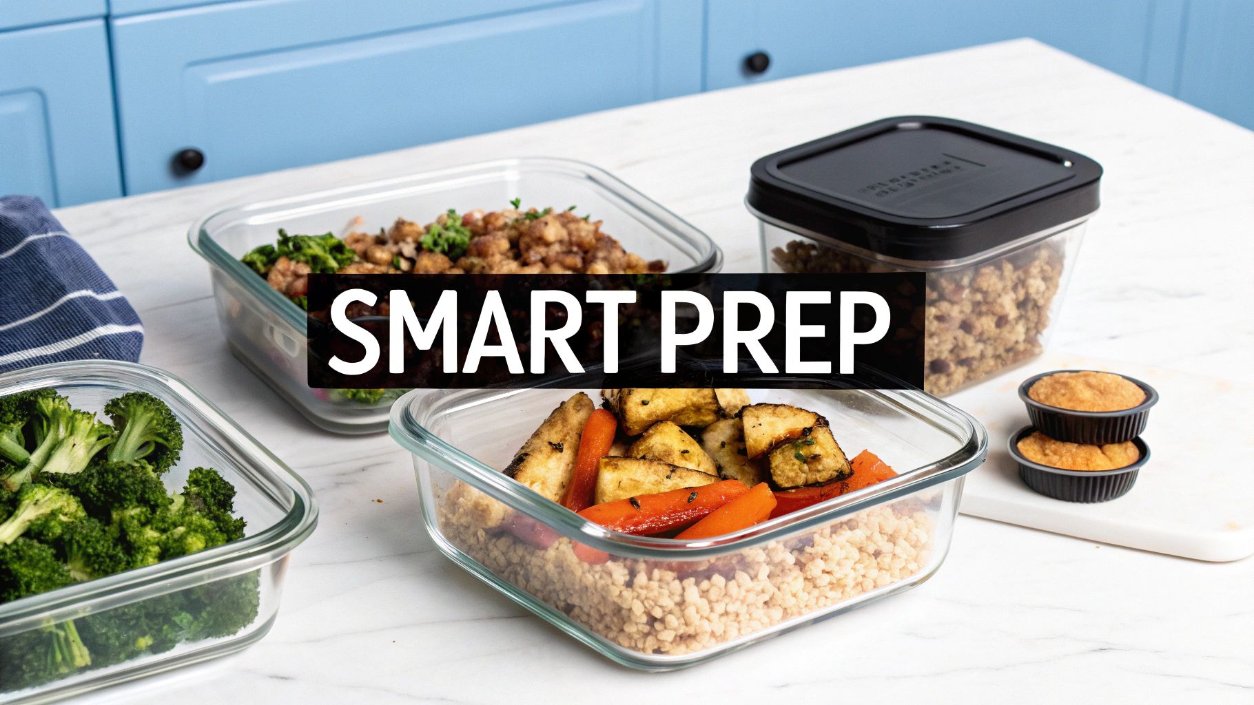 Glass food containers filled with prepped meals including broccoli, roasted vegetables, and granola, plus muffins on a marble countertop.