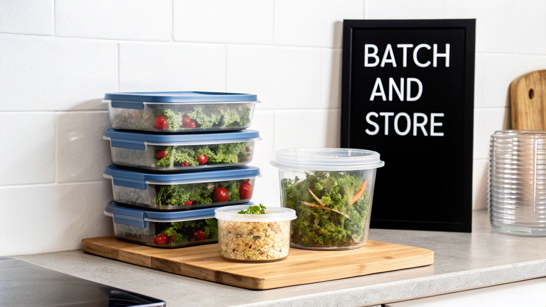 Stack of clear meal prep containers filled with fresh vegetables and grain bowls on a kitchen counter.