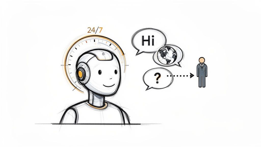 Cartoon AI robot interacting with a person via speech bubbles, signifying 24/7 global communication and support.