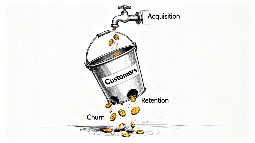 A visual metaphor of a leaking bucket illustrating customer acquisition, retention, and churn.