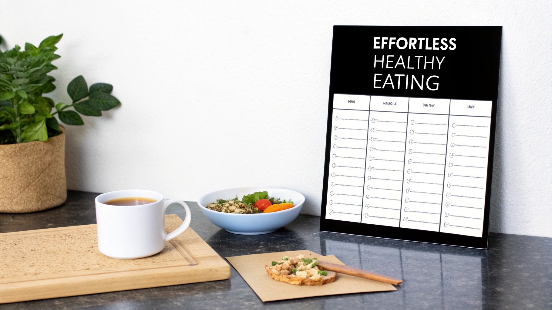 A black and white meal planner titled 'Effortless Healthy Eating' on a counter with coffee and healthy food.