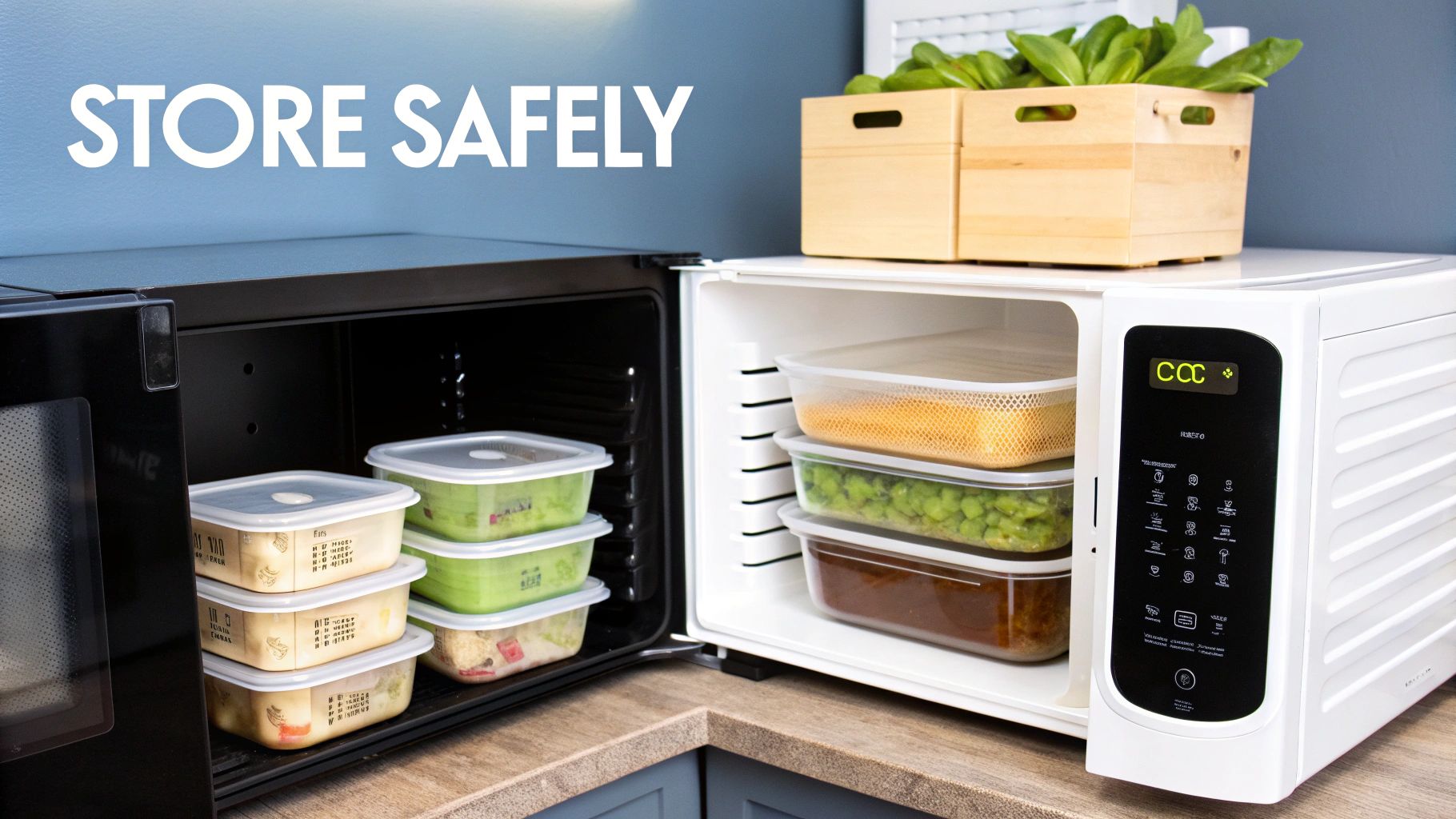 Open appliances revealing stacked meal prep containers with food, and fresh greens in wooden boxes.
