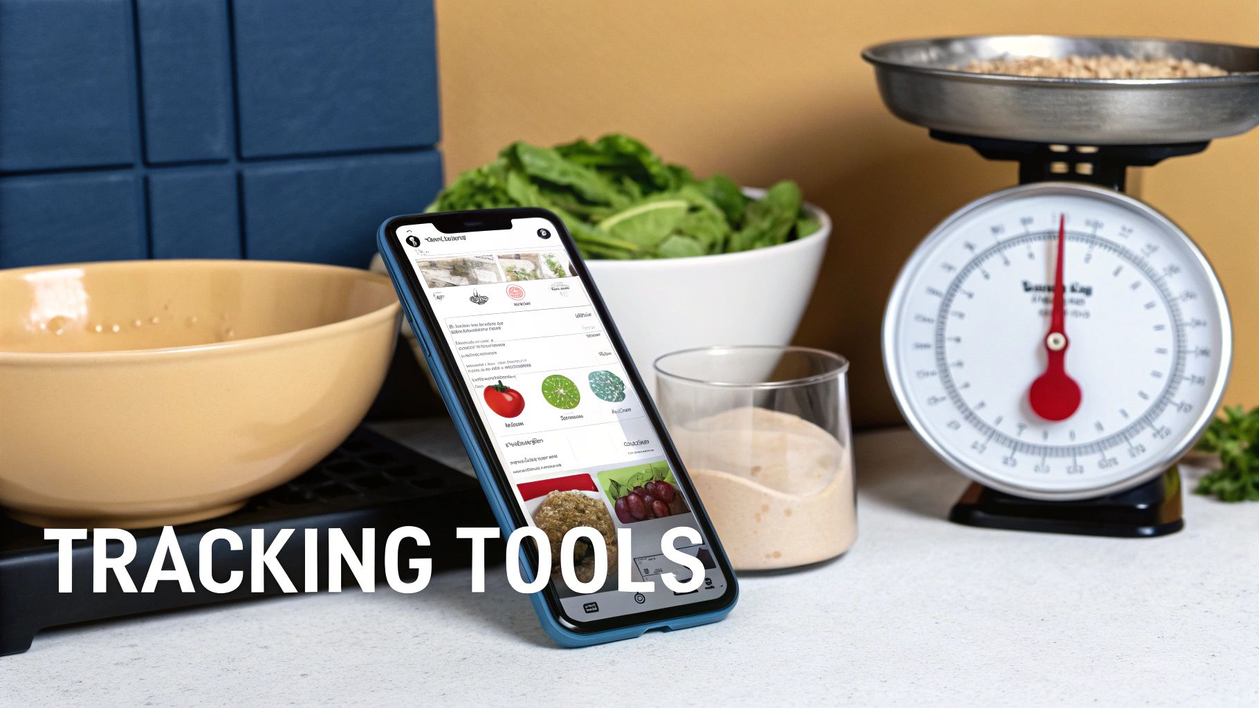 Smartphone with a food tracking app, kitchen scale, and fresh ingredients for healthy eating.