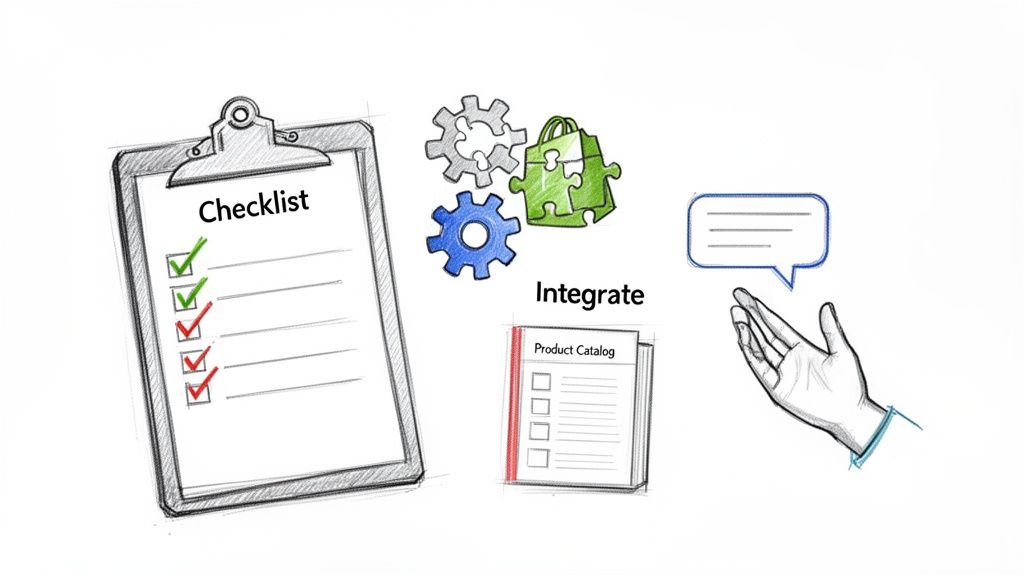 Sketch of a checklist, gears, puzzle shopping bag, product catalog, and a hand with speech bubble for business integration.